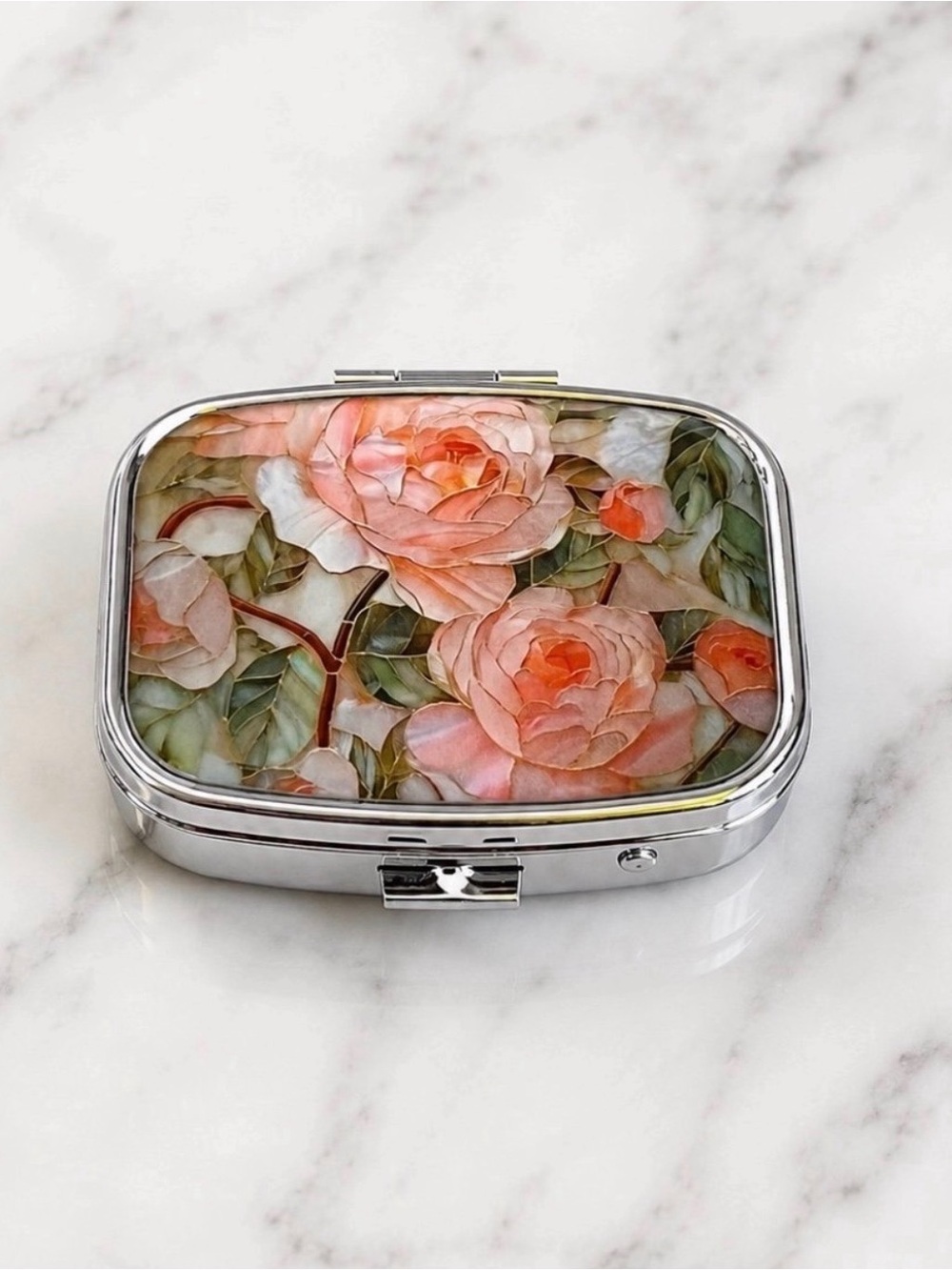 Pink Rose Floral Theme Purse Pill Box/Travel Jewelry-Compact With Lidded Mirror